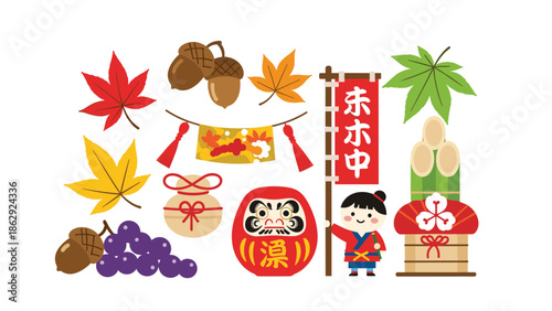 Set of Japanese New Year symbols including a lucky daruma doll, kadomatsu bamboo decoration, festive banners, maple leaves, and traditional lucky charms.
