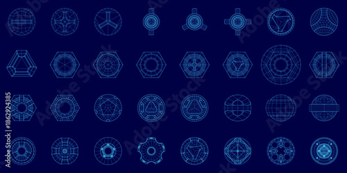 Technical blueprints of nuts and screws are arranged in a geometric grid on a dark blue background. Each hard surface fastener has a unique mechanical design.