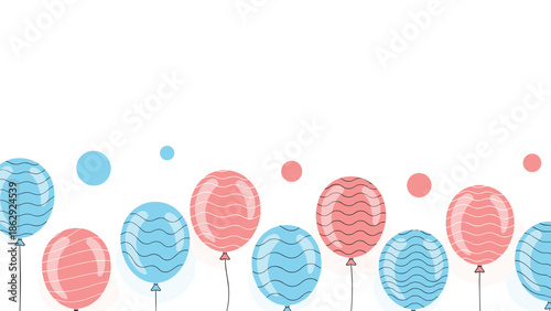 Festive border of floating blue and pink balloons with wavy patterns and matching confetti dots along the bottom of a bright white background.