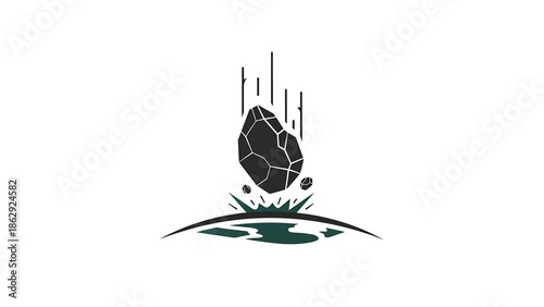 A stylized illustration features a large, jagged rock falling towards a green and black arch, creating a splash