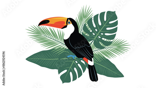 Tropical bird illustration featuring a colorful toucan perched amidst lush green monstera and palm leaves on a clean white background for exotic themes.