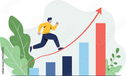 Businessman in yellow shirt running up a rising financial growth arrow chart with bars flat vector illustration for success concept.