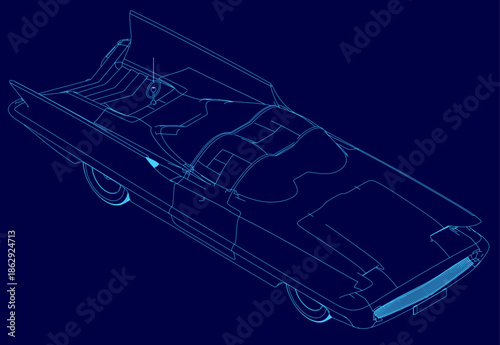 A retro-future car blueprint with sleek contours and detailed curves stands out against a stark blue background. Isometric view