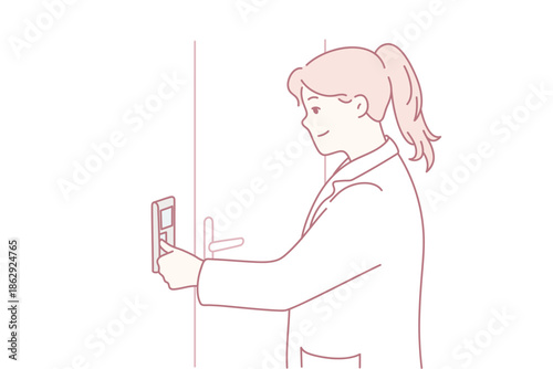 Hotel security procedure, Receptionist grants room access smoothly, Guest card activates door lock in process, Professional staff member verifies guest keycard before granting access to guest room