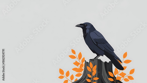 A stylized illustration features a dark bird perched on a grey tree stump, adorned with orange leaves. The backdrop is a simple, muted grey