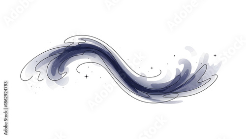 A stylized illustration features a curved, flowing shape with a gradient of blue and gray hues, with fine black outlines. Tiny dots and star accents