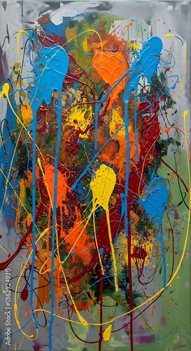 Vibrant abstract composition features dynamic paint splatters and drips across a textured background