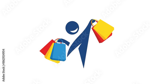 A stylized illustration features a figure holding shopping bags in various bright colors against a white background. It suggests a concept of consumerism