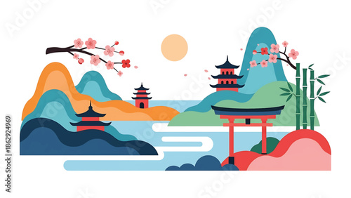 A stylized illustration features a serene Asian landscape with layered mountains, pagodas, a torii gate, bamboo, and cherry blossoms, with a sunny sky