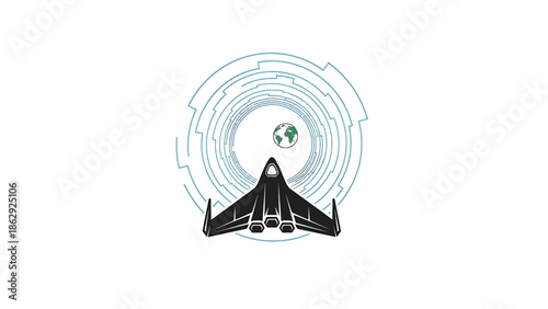 A stylized illustration features a sleek black spacecraft emerging from a tunnel of blue concentric circles, approaching a small green Earth