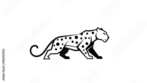 A stylized illustration features a sleek, geometric black and white leopard walking. The spotted feline is depicted in a side profile on a clean white background