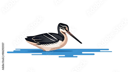 A stylized illustration features a water bird floating on a minimalist blue water line against a blank white backdrop. The bird's beak is long