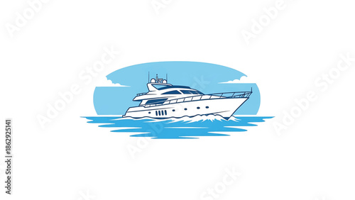 A stylized illustration features a sleek, white vessel gliding over water. The background includes a blue sky-like oval and water details