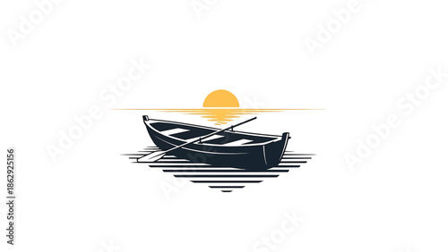 A stylized illustration features a small boat on water with a setting sun, rendered in shades of blue, yellow, and white