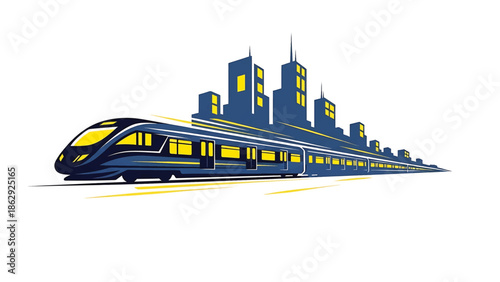 A stylized illustration features a sleek train speeding past a cityscape silhouetted in a dark blue with yellow accents, suggesting speed and motion