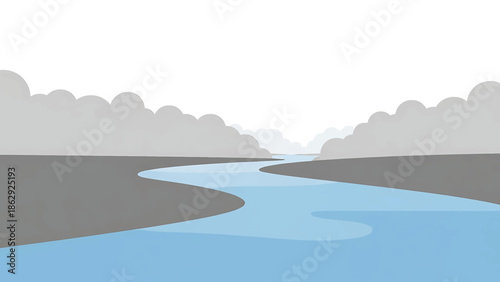 A stylized illustration features a winding river flowing between grey banks, beneath a cloudy, monochromatic sky. The artwork is flat with a gradient