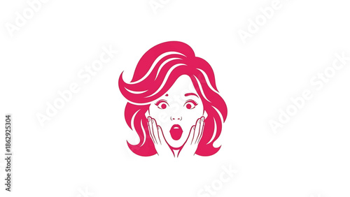 A stylized illustration features a woman's surprised face with her hands on her cheeks. The image is rendered with bold lines