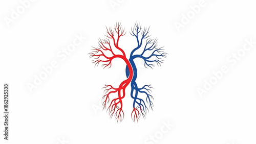 A stylized illustration features intertwined vascular structures, branching and reaching with intricate detail, against a bright white background