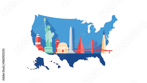 A stylized map featuring landmarks and architectural icons. A silhouette of the landmass filled with icons and a blue background