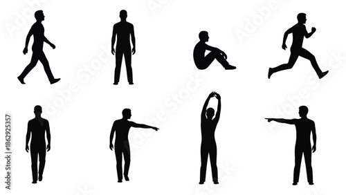 Silhouettes of people in various dynamic poses and activities are showcased