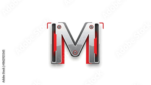 A stylized metal letter "M" with a mechanical design, featuring a metallic finish, red accents, and visible screw details. The letter appears to float