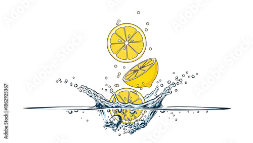 A stylized illustration features lemons splashing into water, with bubbles and droplets accentuating the scene on a white backdrop