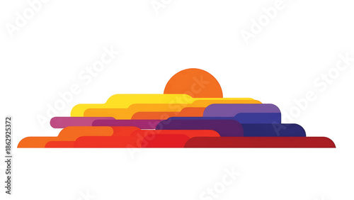 A stylized illustration features layered, rounded shapes in hues of sunset, including reds, oranges, yellows, purples, and blues, beneath an orange sun on a white background