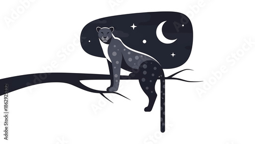 A stylized illustration features a spotted feline perched on a tree branch under a night sky with a crescent moon and stars. The artwork is simplistic