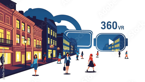 A stylized illustration of a city street scene at night. People stroll past shops. A VR headset is overlayed