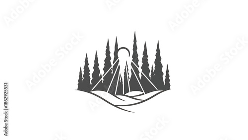 A stylized nature scene. Silhouetted trees stand before a glowing sun, with rays of light illuminating a stylized landscape of rolling hills