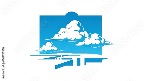A stylized illustration features puffy white clouds against a textured blue sky background, and a horizon line over geometric shapes