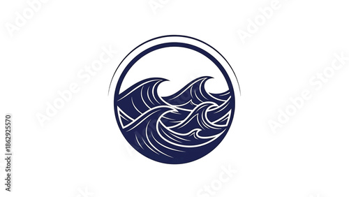 A stylized ocean wave design contained within a circle. The waves are a deep blue hue, with white highlights, set on a white background