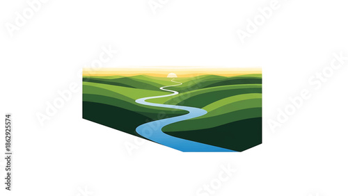A stylized illustration features rolling green hills, with a winding river flowing towards a setting sun. The scenery has an appealing flat design
