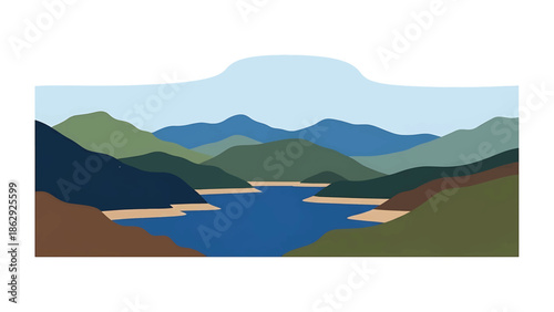 A stylized illustration features rolling hills, a serene lake, and a light blue sky with a hint of cloud. The color palette is muted