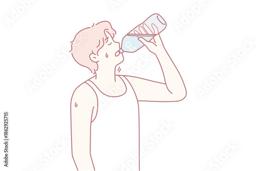 Person drinking water during outdoor training session, Individual replenishing fluids following vigorous exercise outdoors, Rehydration scene of someone drinking water after intense workout outside