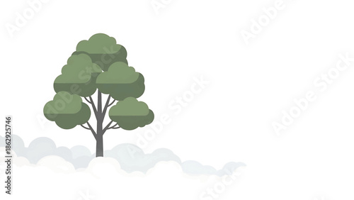 A stylized image presents a simplified tree above soft, cloud-like forms, all set against a clean, white backdrop with ample negative space