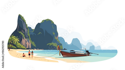 A stylized illustration of a tropical beach scene, featuring a longtail boat, people, mountains, and crystal-clear water. Palm tree