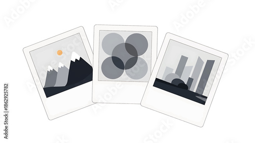 A stylized illustration features three polaroid-style photos. The images depict a mountain scene, overlapping circles, and city buildings, rendered in grayscale