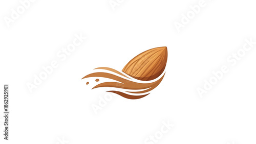 A stylized illustration features an almond nut emerging from flowing, wave-like shapes. The composition uses warm brown tones on a white background