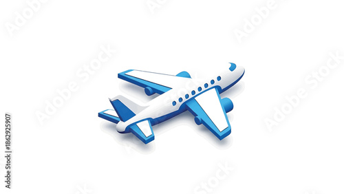 A stylized illustration of an aircraft against a white background. It has a blue and white color scheme. The plane is angled slightly
