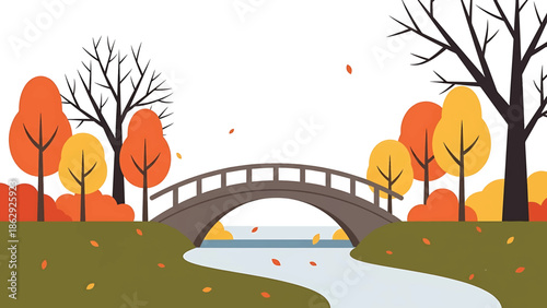 A stylized illustration features an arched bridge spanning a tranquil river, flanked by colorful autumn trees and fallen leaves