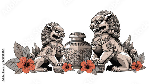 Detailed illustration of two traditional Chinese guardian lions flanking an ornate ceramic vase with red hibiscus flowers in a symmetrical arrangement.