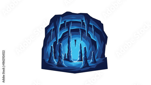 A stylized illustration presents a cave interior with stalactites and stalagmites. The scene is rendered in shades of blue. The background gives a sense of depth