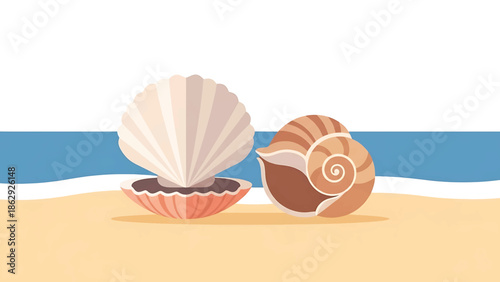 A stylized illustration features two seashells resting on a sandy beach with the ocean in the background, offering a serene beach scene