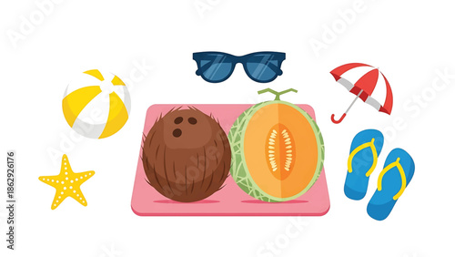 A summer scene featuring beach items and a cut melon