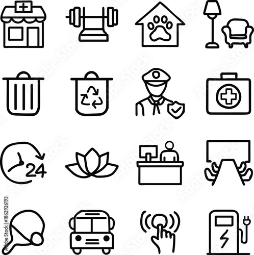 Building amenities icon set. Editable line icons. Vector illustration.