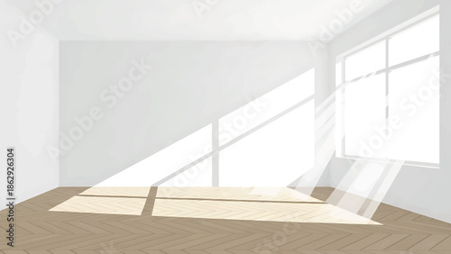 A sunlit, minimalist room interior illustration featuring a wooden herringbone floor, white walls, and bright sunlight casting shadows from a window