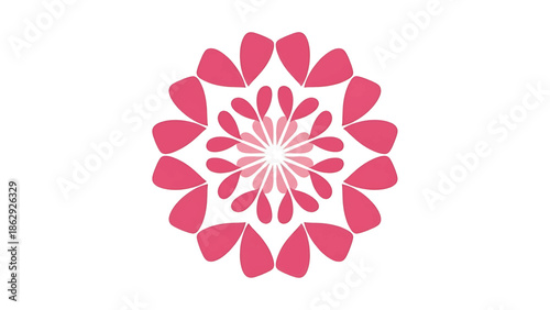 A symmetrical, stylized floral design comprised of layered petals, varying shades of pink, radiating outward from a central point