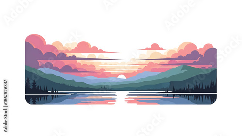 A stylized illustration presents a sunset over a serene lake, reflecting the colors of the sky and the silhouettes of mountains and trees