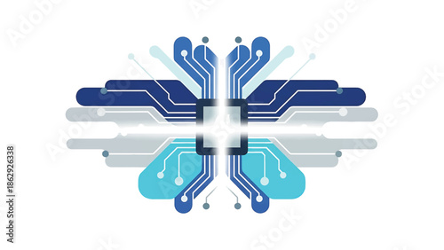 A symmetrical, stylized illustration of a central square radiating circuit pathways in shades of blue and gray against a white background